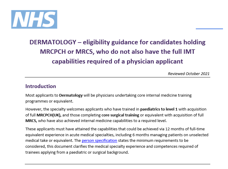 Dermatology - guidance for candidates from non-physician pathways and completing the alternative certificate